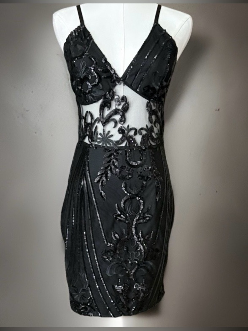 PrettyLittleThing Black Sequin Mesh Strappy Bodycon Mini Dress Size 4